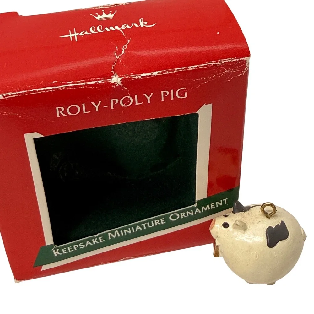 Hallmark Keepsake Miniature Ornament Roly-Poly Pig White Black Spotted Vintage